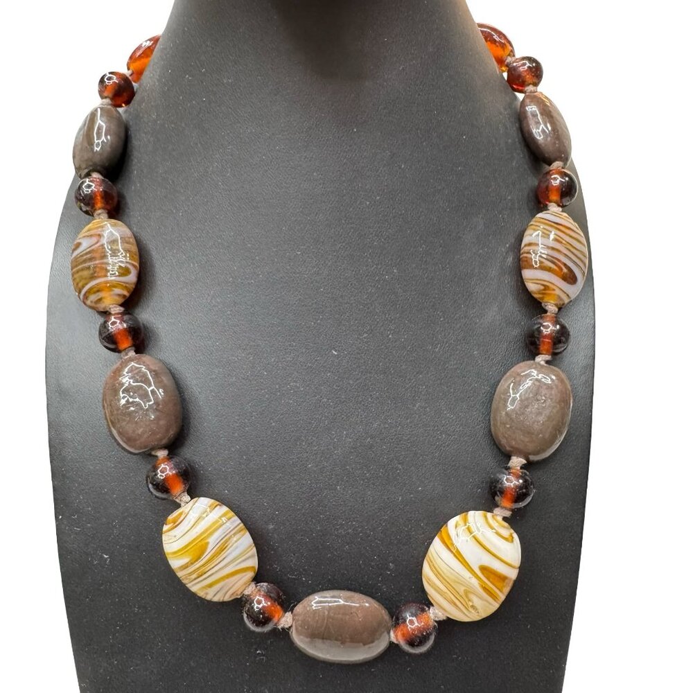 Vintage Statement Heavy Glass Bead Brown Amber Chunky Beaded Necklace 22" Estate